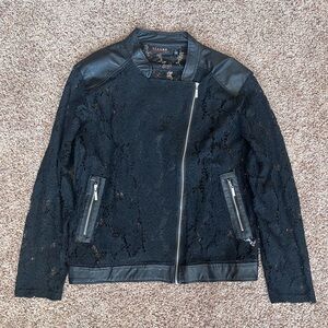Allure Black Faux Leather Lace Moto Jacket w Zipper Details